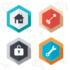 Home key icon. Wrench service tool symbol.