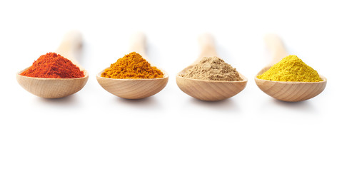 Spice Powders on Wooden Spoons - obrazy, fototapety, plakaty