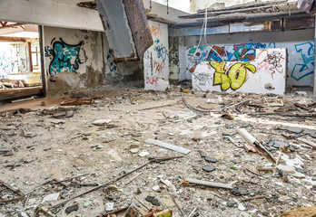 Ruins of abandoned hotel building