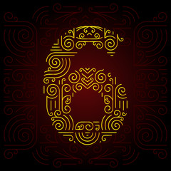 Vector Gold Mono Line style Geometric Font. Number 6