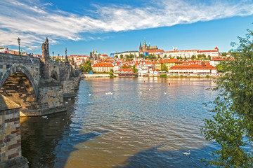 Panorama of Castle hill and Charles Bridge over Vltava river, Prague, Bohemia, Czech Republic