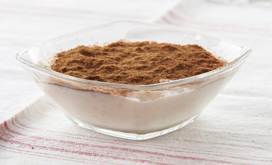 Creamy rice pudding sprinkled with cinnamon close up