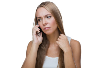 Fototapeta premium Sad woman talking on phone