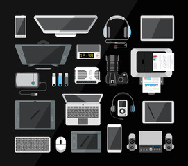 Set of high tech devices. Collection of modern technology icons from top  view. Flat design style.
