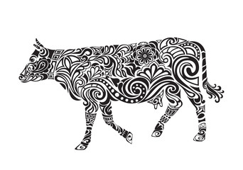Cow drawing with floral ornament decoration