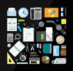Set of office related items from top view. Collection of icons related to business, office and school. Flat design style.