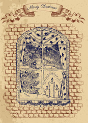 Card of Christmas house window with decorations.