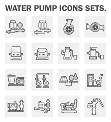 Water pump station icon. Consist of centrifugal, submersible and well pump. Powered by engine, hand and electric motor with solar energy. For water supply infrastructure, plumbing and irrigation.