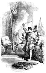 An engraved  illustration image of  Alexander the Great cutting the Gordian Knot, from a vintage Victorian book dated 1850 that is no longer in copyright