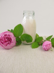 Rose yogurt drink and rose flowers
