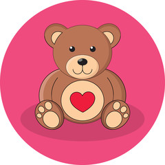 Cute brown teddy bear with red heart. Flat design.