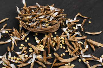 Soybeans pod, harvest of soy beans background Soybeans on a wooden background. rustic style