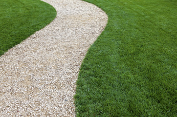 Garden path and green lawn