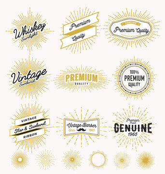 Set of vintage sunburst frame and label design. Vintage light ray sticker and banner collection for premium quality product, handcrafted product. Vector illustration