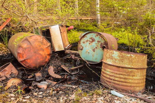 Rusted waste barrels in a forest