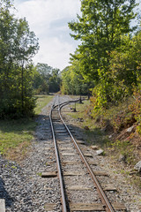 Deserted old mine small rail tracks in woods in Bohemia, Czech Republic
