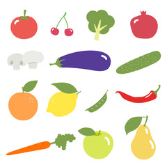 Different fruits and vegetables vector. Tomato, cherry, broccoli, pomegranates, mushrooms, champignons, eggplant, cucumber, orange, Lemon, peas, red hot chili peppers, carrots, apple and pear.