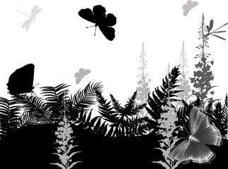 butterflies above black and white fern