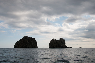 Silhouettes of rocky Adalar islands near Black Sea coast, Crimea