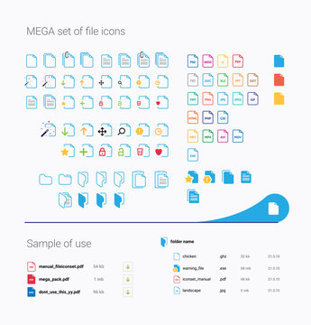 Mega set of file icons. Vector file type and folder type icons. Icons for content manage system and administration.