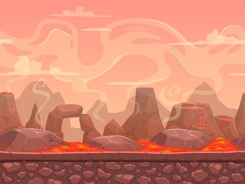 Seamless Cartoon Volcano Desert Landscape