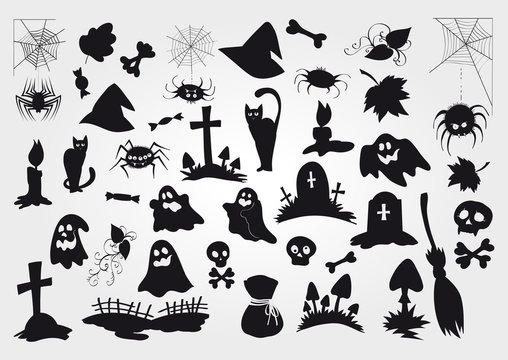 Big vector set of Halloween silhouettes objects and creatures.