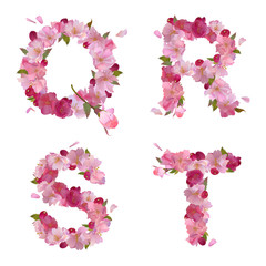 Spring alphabet with cherry flowers QRST