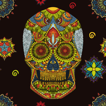 Day Of The Dead. Hand Drawn Skull ornamentrd vector flowers on dark