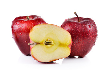 red apple with water drops on white background