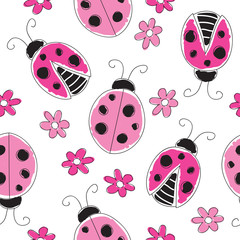 seamless ladybird and flowers pattern vector illustration