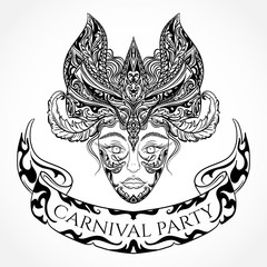 Female head in masquerade maskand ornate ribbon banner. Vintage poster Carnival party. Highly detailed hand drawn vector illustration. Retro invitation design,card, print, t-shirt, postcard