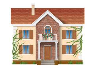 Residential private house, two floors, with balconies with flowers and overgrown with ivy. Vector realistic illustration.  Isolated on white background.