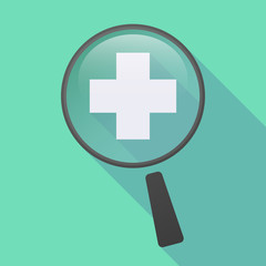 Obraz premium Long shadow magnifier icon with a pharmacy sign