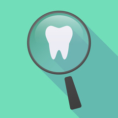 Long shadow magnifier icon with a tooth