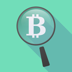 Long shadow magnifier icon with a bit coin sign