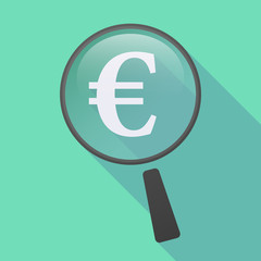 Long shadow magnifier icon with an euro sign