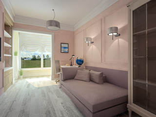3D visualization of the guest room in pink