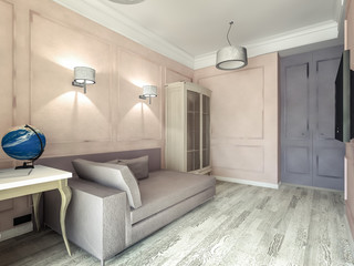 3D visualization of the guest room in pink