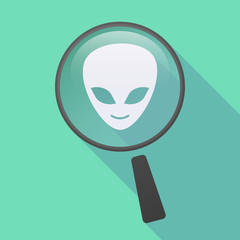 Long shadow magnifier icon with an alien face