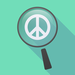 Long shadow magnifier icon with a peace sign