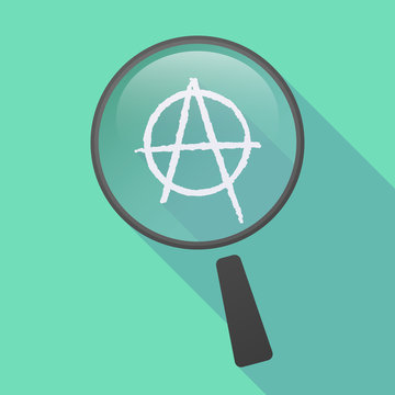 Long shadow magnifier icon with an anarchy sign