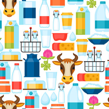 Milk seamless pattern with dairy products and objects