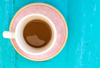 Coffee on Vintage Shabby Wood Background Wall Texture.
