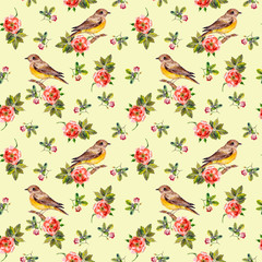 Seamless vintage floral pattern with cute birds