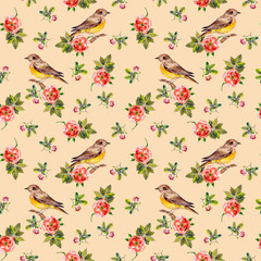 Delicate vintage floral pattern with dog roses and birds