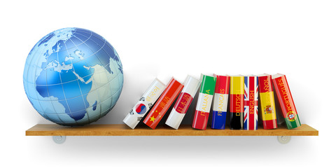 Obraz premium Foreign languages learn and translate education concept, dictionary books with flags of world countries and Earth globe on bookshelf isolated on white background