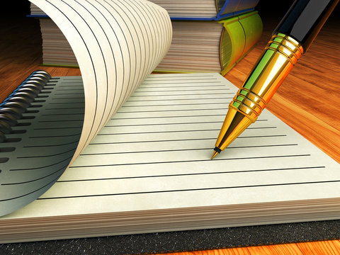 Writing and education, signing contract or agreement business concept, close-up view of an empty notebook paper page, pen and books on wooden table