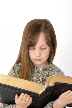 Young child reading the Bible on a white background