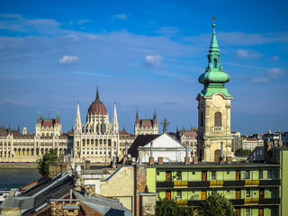 Fototapeta premium View of Parliament and roofs of Budapest, Hungary
