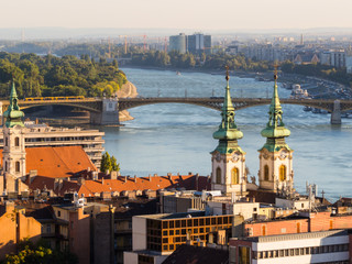 Aerial view of Danube River and roofs of the Budapest, Hungary